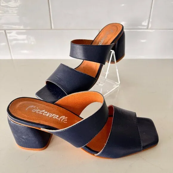 L'Intervalle Julia Navy Leather Block Heel Dress Sandal - Picture 1 of 7